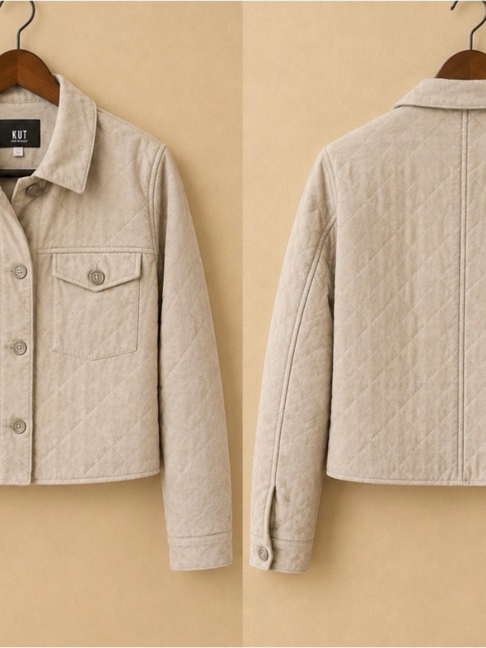 KUT from the Kloth Beige Quilted Jacket Women’s Button Front Utility Shacket M